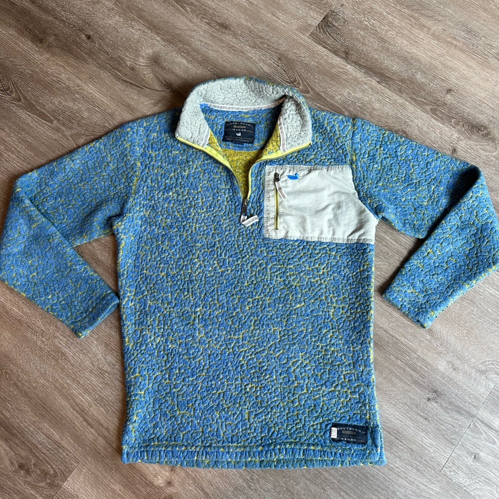Southern Marsh Sherpa Fleece 1/4 Quarter Zip Blue Yellow Adult XS